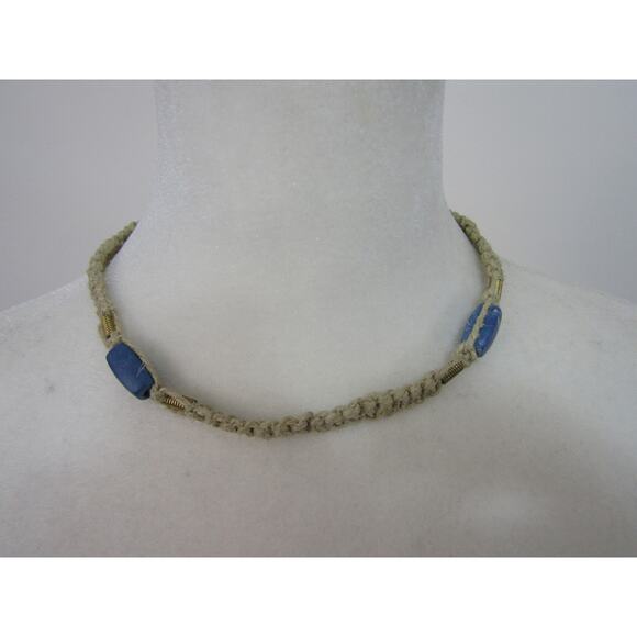 Brown Macrame Blue Marble Beaded Choker Necklace 16"  Grunge Gorpcore Academia - Picture 1 of 6